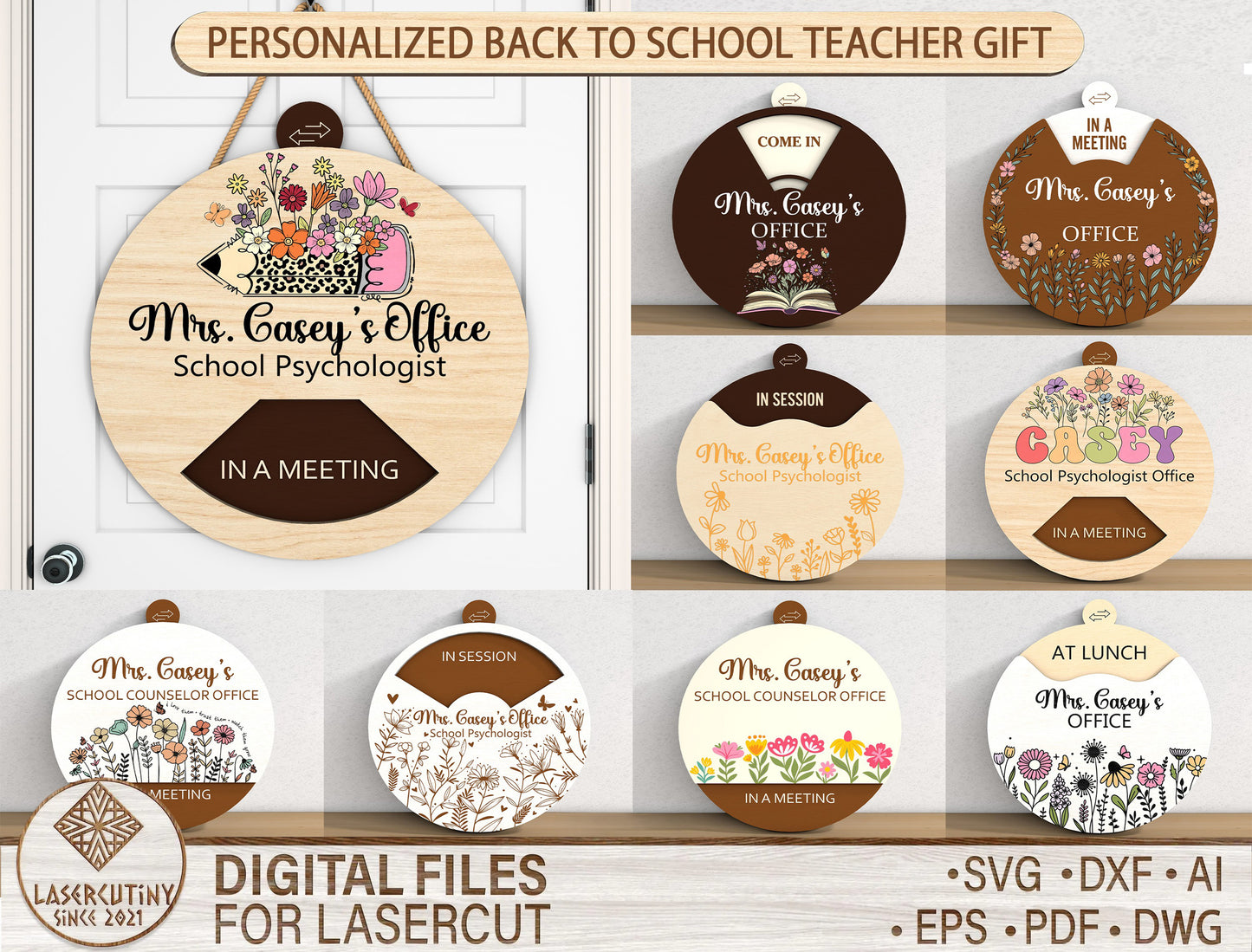 Personalized Teacher Office Door Sign SVG Laser Cut File for xTool and Glowforge