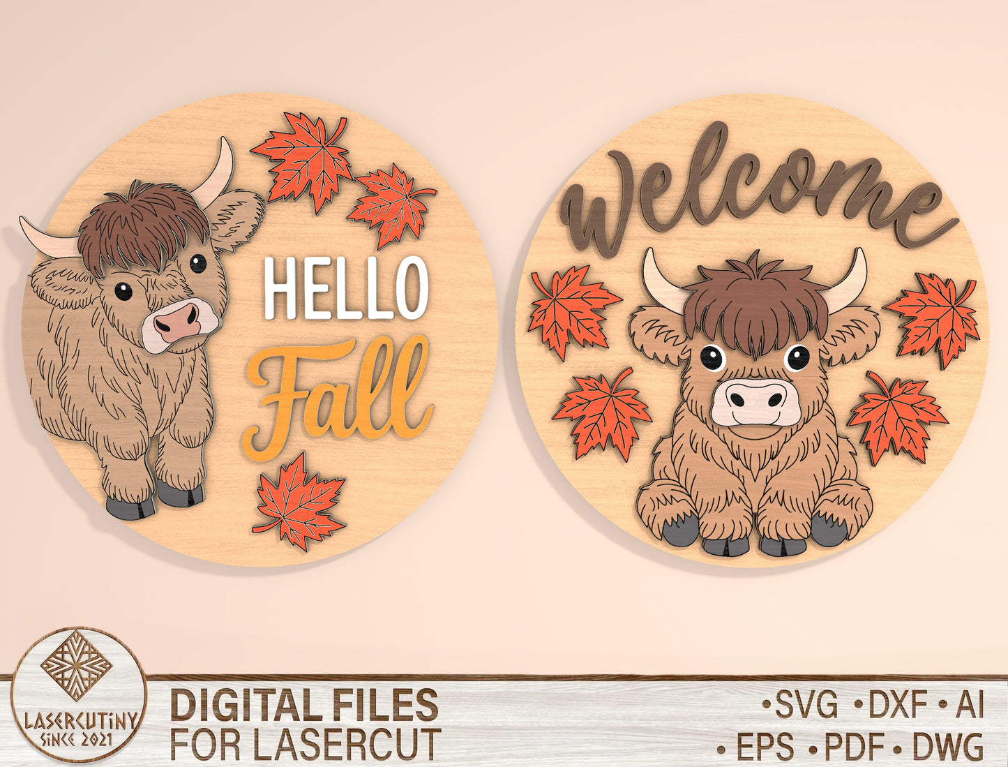 Highland Cow Hello Fall Door Hanger SVG Set for Glowforge xTool LightBurn | 2 Designs