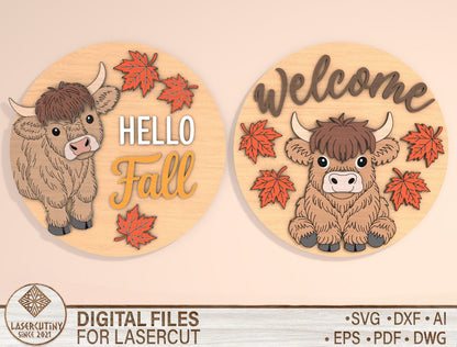 Highland Cow Hello Fall Door Hanger SVG Set for Glowforge xTool LightBurn | 2 Designs