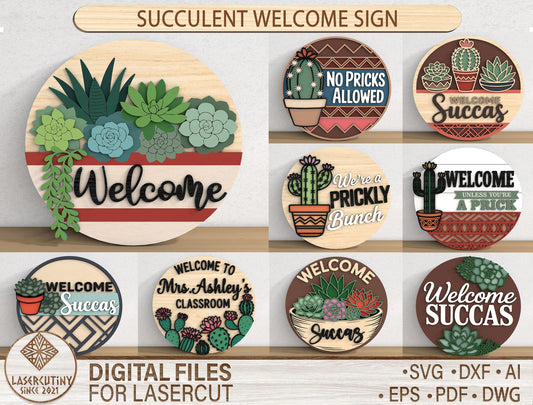 Succulent Welcome Sign SVG Bundle for Glowforge xTool Laser Cut File