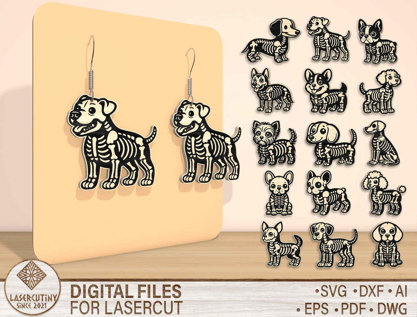 Skeleton Dog Earrings SVG Bundle for Glowforge xTool LightBurn
