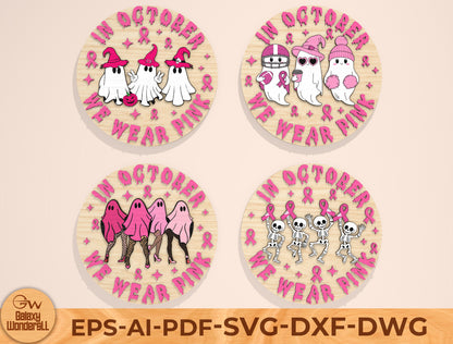 In October We Wear Pink Door Hanger SVG Bundle Laser Cut File | 4 Breast Cancer Awareness Designs | Wooden Round Decor | Glowforge, xTool, LightBurn, etc.