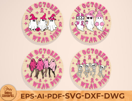 In October We Wear Pink Door Hanger SVG Bundle Laser Cut File | 4 Breast Cancer Awareness Designs | Wooden Round Decor | Glowforge, xTool, LightBurn, etc.
