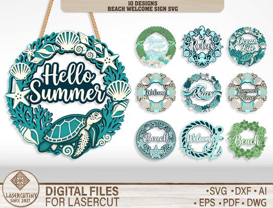 Beach Welcome Sign SVG Bundle with 10 Designs for xTool and Glowforge