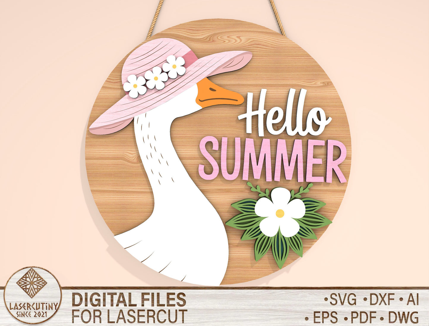 “Hello Summer” Goose Door Sign SVG for Glowforge and xTool
