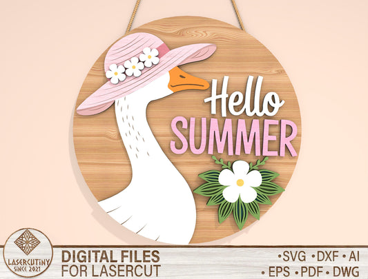 “Hello Summer” Goose Door Sign SVG for Glowforge and xTool