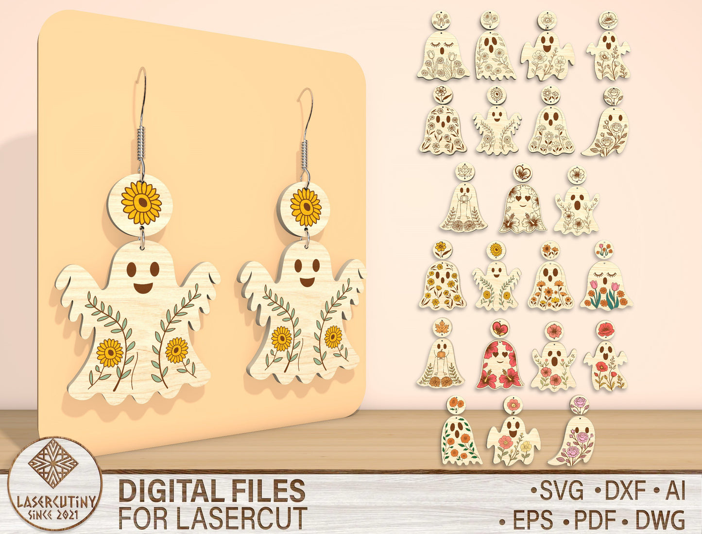 Ghost Sunflower Earrings SVG Bundle for Glowforge xTool LightBurn