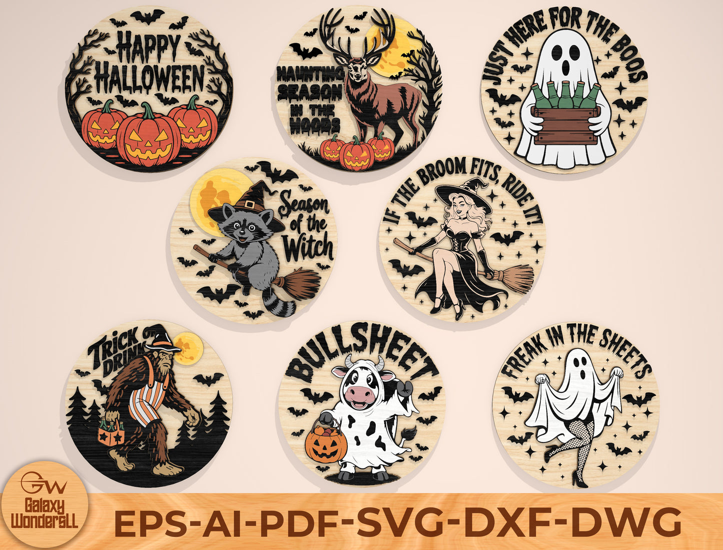 Halloween Round Door Sign SVG Bundle Laser Cut File | 8 Funny Witch & Ghost Designs | Spooky Wooden Decor | Glowforge, xTool, LightBurn, etc.