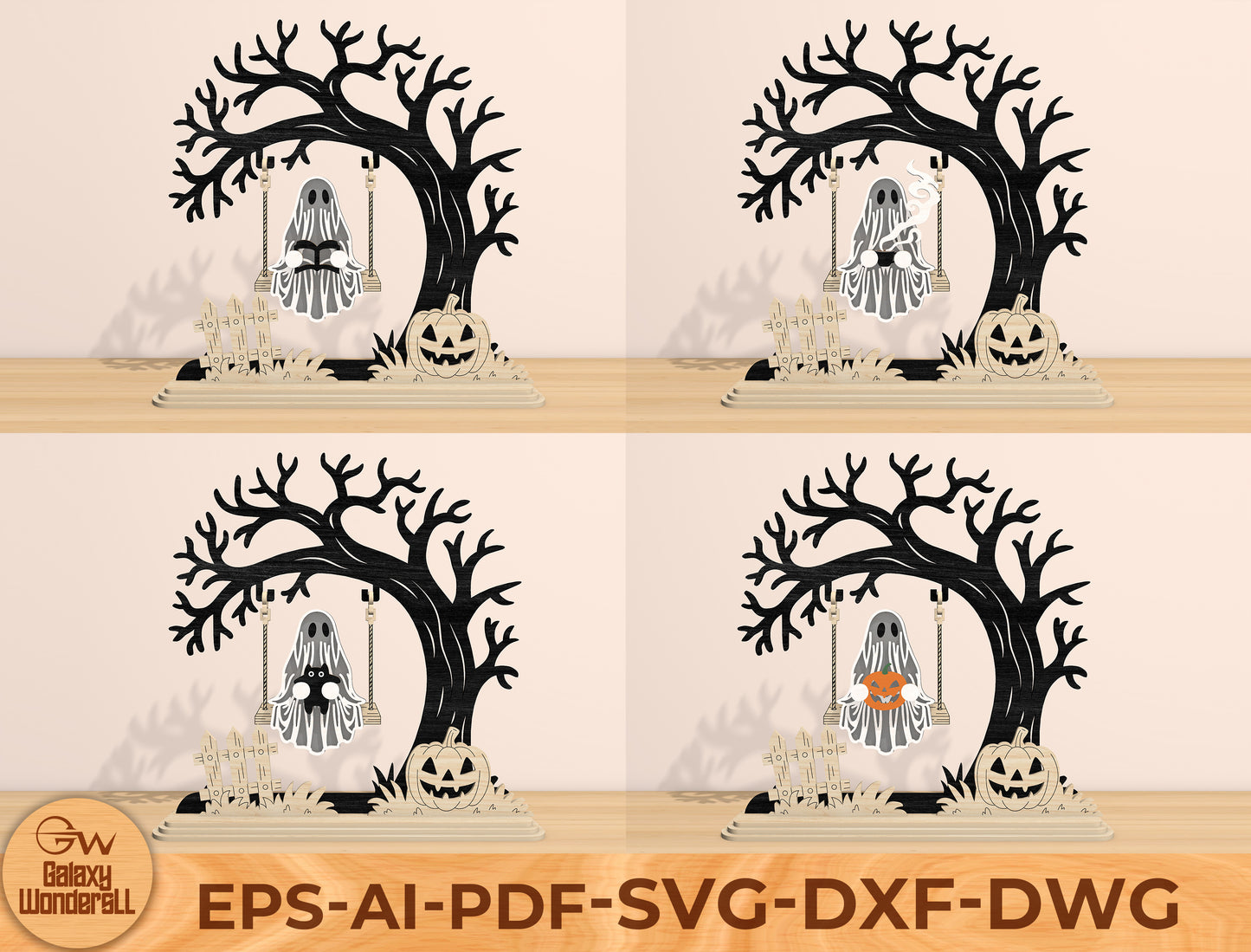 Halloween Tree Scene Lantern SVG Bundle Laser Cut File | 4 Spooky Tabletop Designs | Shadow Light Decor | Glowforge, xTool, LightBurn, etc.