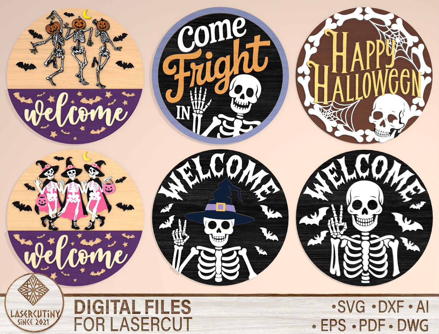 Halloween Skeleton Welcome Door Hanger SVG Bundle for Glowforge LightBurn