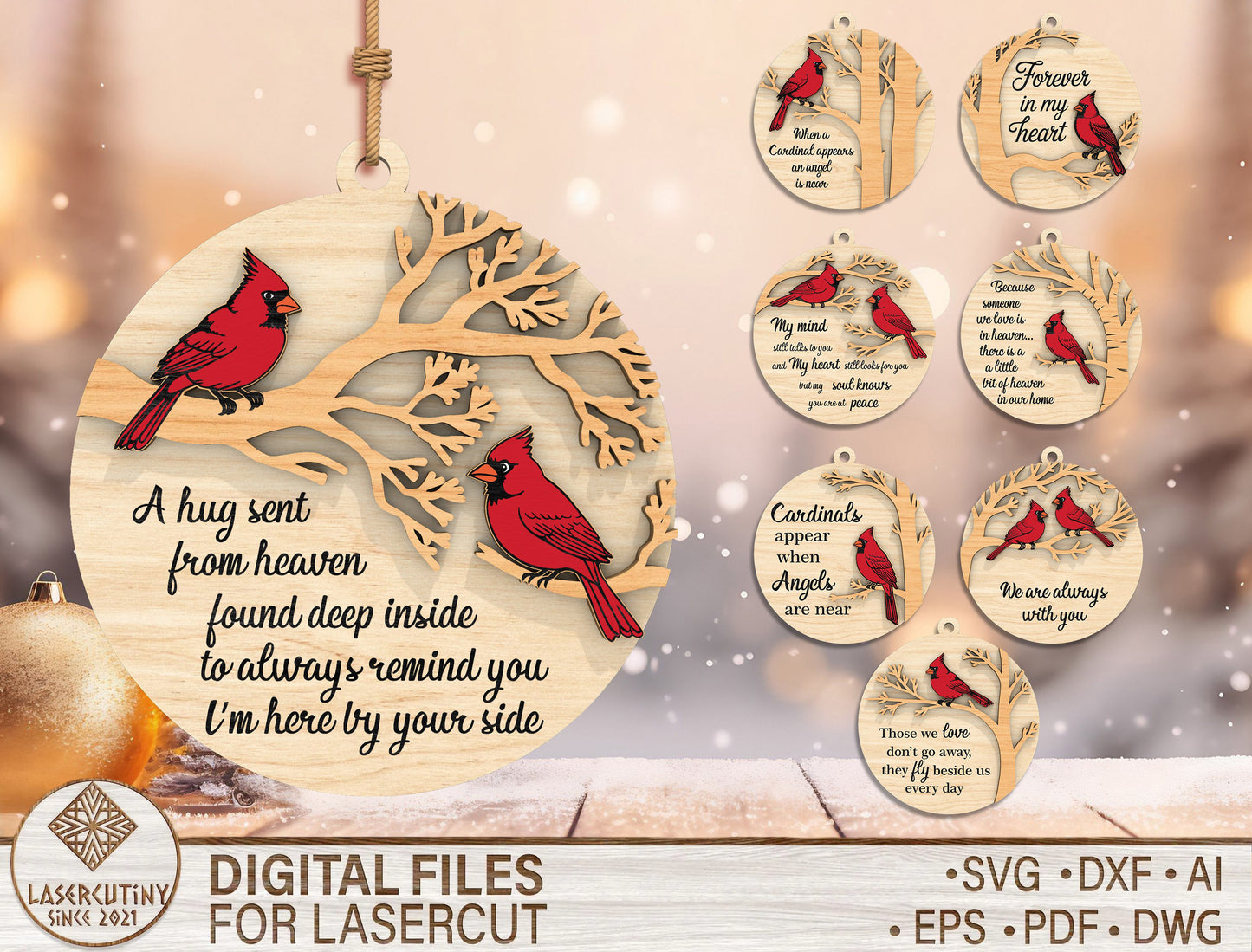 Red Cardinal Memorial Ornament SVG Bundle for Glowforge Users