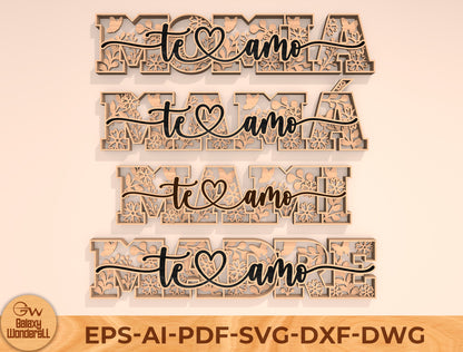 Te Amo Mom Floral Word Laser Cut File Bundle | Mother Typography Decor | Layered Wooden Letters | Glowforge, xTool, LightBurn, etc.