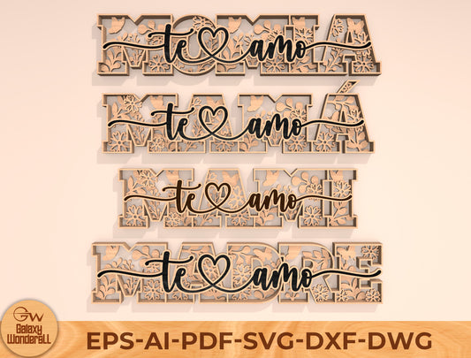 Te Amo Mom Floral Word Laser Cut File Bundle | Mother Typography Decor | Layered Wooden Letters | Glowforge, xTool, LightBurn, etc.