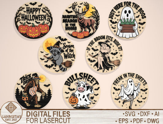 Halloween Round Door Sign SVG Bundle for Glowforge and LightBurn