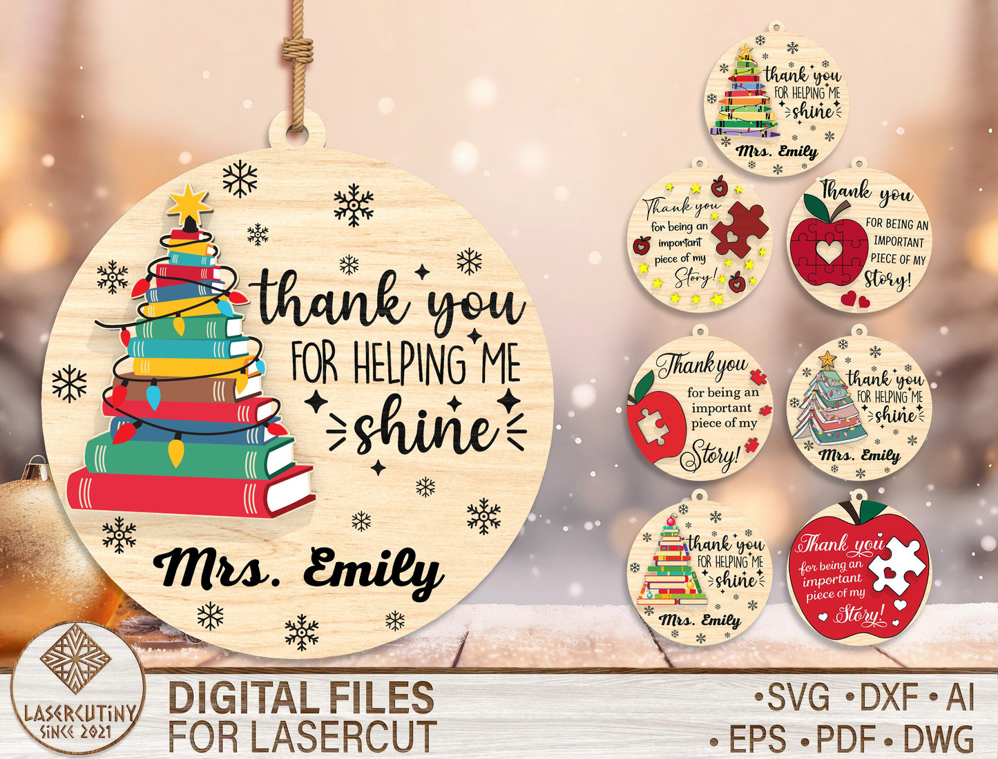 Personalized Teacher Christmas Ornament SVG Bundle Laser Cut File for Glowforge xTool LightBurn