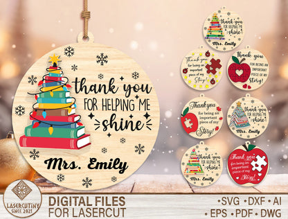 Personalized Teacher Christmas Ornament SVG Bundle Laser Cut File for Glowforge xTool LightBurn