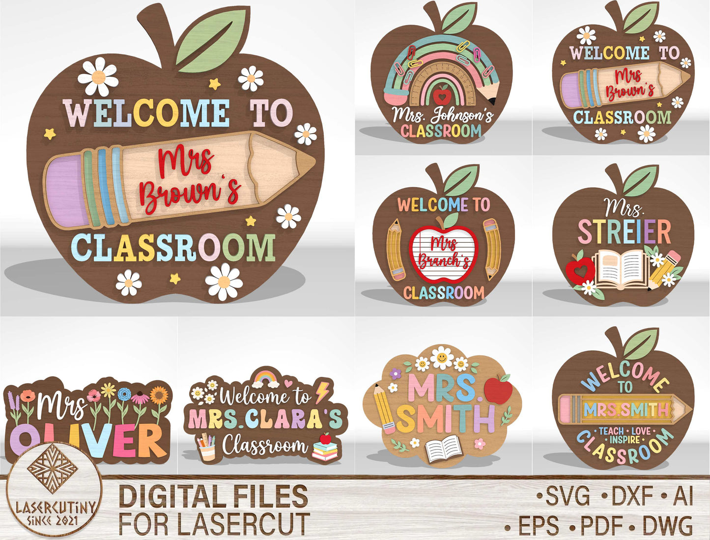 Personalized Teacher Apple Classroom Door Sign SVG Bundle Laser Cut File for xTool and LightBurn