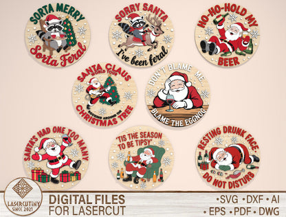 Funny Tipsy Santa Round Door Sign SVG Bundle 1