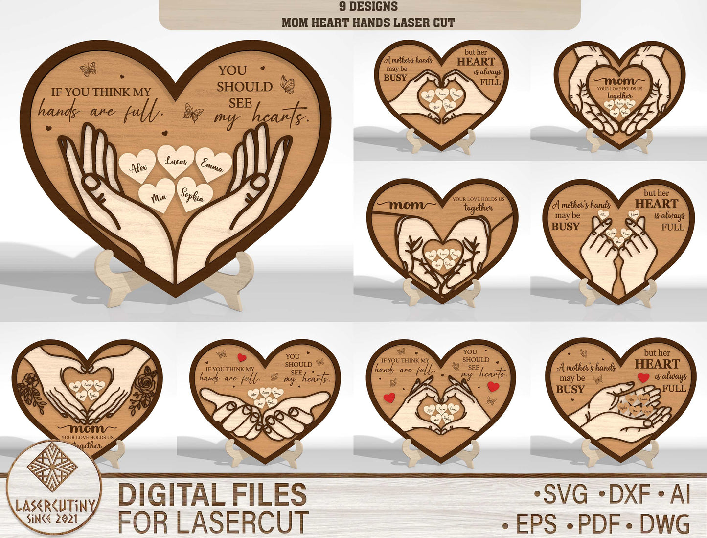 Mom Heart Hands SVG Bundle Mother's Day Laser Cut File for xTool and Glowforge