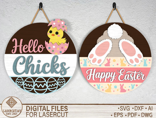 Hello Chicks Easter Door Sign SVG Funny Bunny Butt Round for Glowforge
