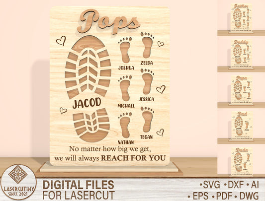 Father’s Day Footprint Family Sign SVG Laser Cut File | Personalized Dad & Papa Gift | Wooden Tabletop Decor | Glowforge, xTool, LightBurn, etc.