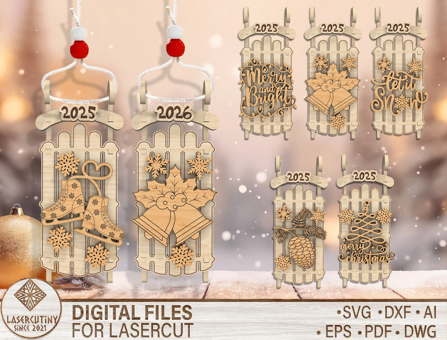 Christmas Sled Ornament Laser Cut File | Ready to Cut | Glowforge, xTool, LightBurn, etc. My Store