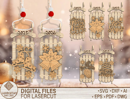 Christmas Sled Ornament Laser Cut File | Ready to Cut | Glowforge, xTool, LightBurn, etc. My Store