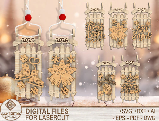 Christmas Sled Ornament Laser Cut File | Ready to Cut | Glowforge, xTool, LightBurn, etc. My Store