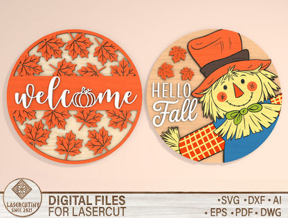 Hello Fall Scarecrow Welcome Door Hanger SVG Bundle for Glowforge xTool LightBurn | 2 Designs