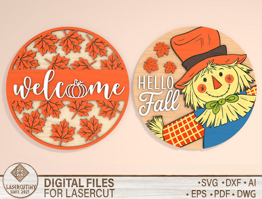 Hello Fall Scarecrow Welcome Door Hanger SVG Bundle for Glowforge xTool LightBurn | 2 Designs