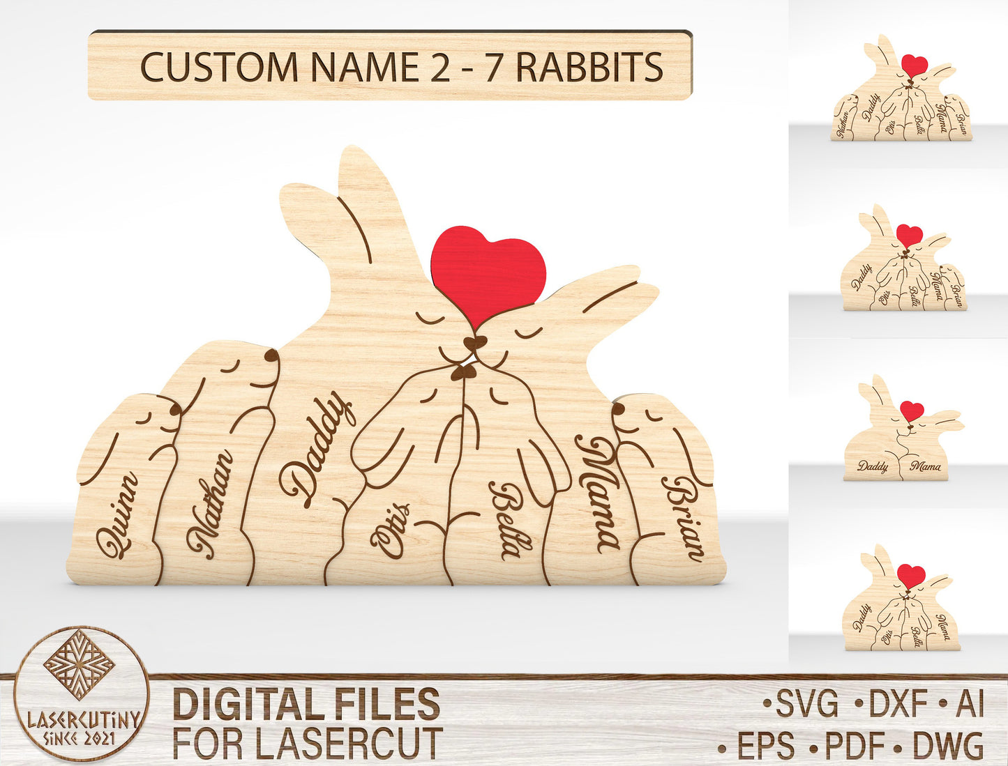 Personalized Family Rabbit Puzzle SVG Laser Cut File for Glowforge and xTool