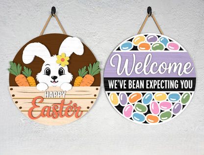 Happy Easter Bunny Welcome Door Sign SVG Colorful Egg Spring for Glowforge