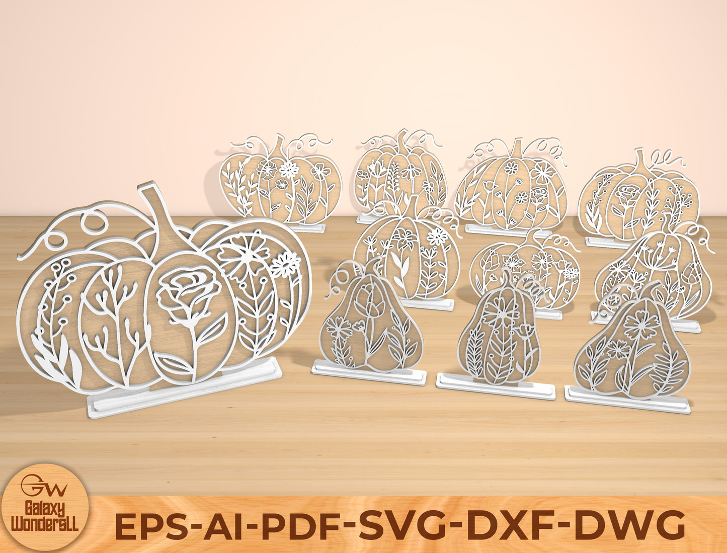 Floral Pumpkin & Gourd SVG Bundle Laser Cut File | Fall Tabletop Decor | Elegant Botanical Style | Glowforge, xTool, LightBurn, etc.