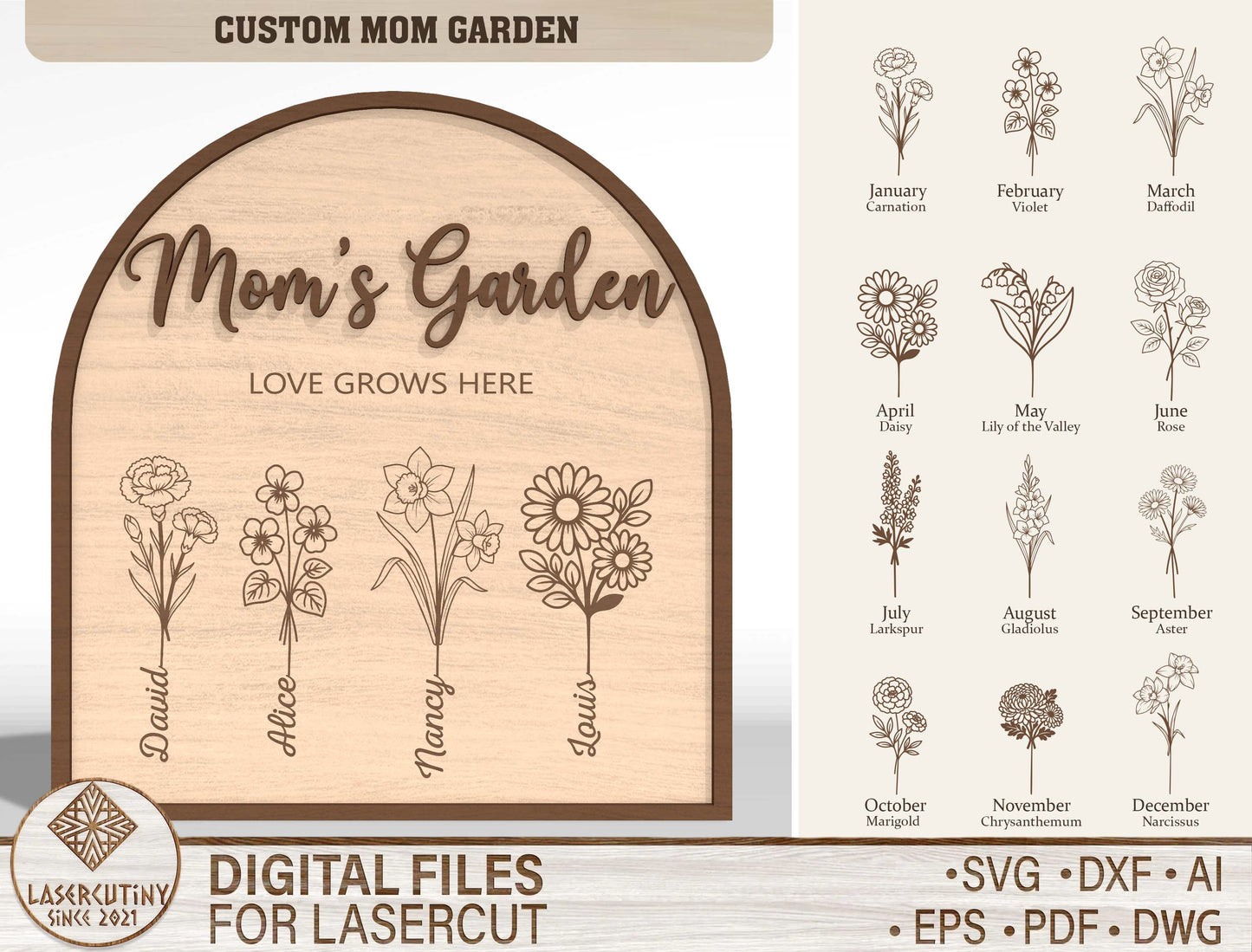 Personalized Mom Garden Sign SVG Birth Month Flower Laser Cut File for Glowforge and LightBurn