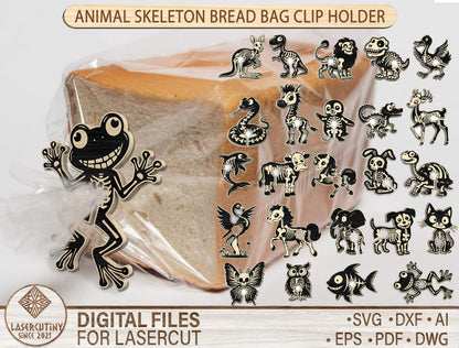 Animal Skeleton Bread Bag Clip Holder SVG Bundle 24 Designs for xTool Glowforge LightBurn