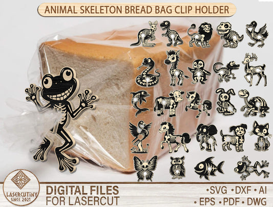 Animal Skeleton Bread Bag Clip Holder SVG Bundle 24 Designs for xTool Glowforge LightBurn