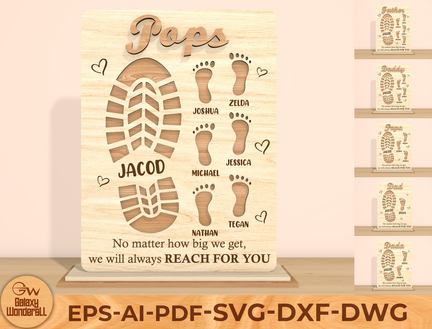 Father’s Day Footprint Family Sign SVG Laser Cut File | Personalized Dad & Papa Gift | Wooden Tabletop Decor | Glowforge, xTool, LightBurn, etc.