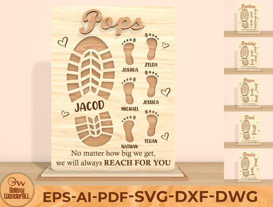 Father’s Day Footprint Family Sign SVG Laser Cut File | Personalized Dad & Papa Gift | Wooden Tabletop Decor | Glowforge, xTool, LightBurn, etc.
