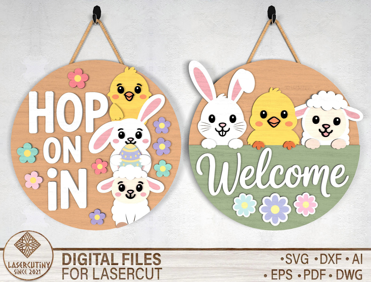 Easter Bunny Chick Door Sign SVG Hop On In Welcome Bundle for LightBurn