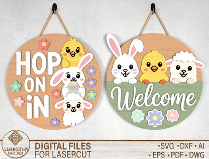 Easter Bunny Chick Door Sign SVG Hop On In Welcome Bundle for LightBurn