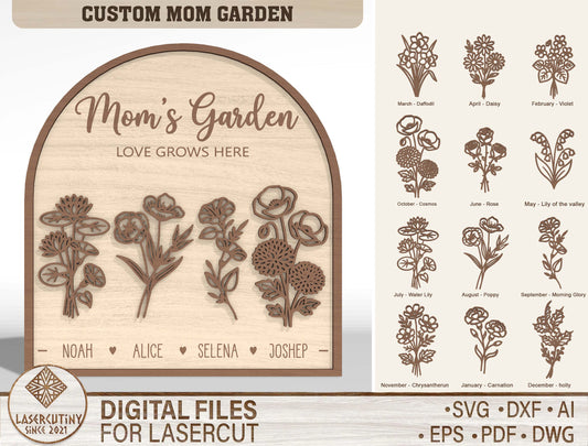 Personalized Mom Garden Custom Family Name Flower SVG for xTool and LightBurn