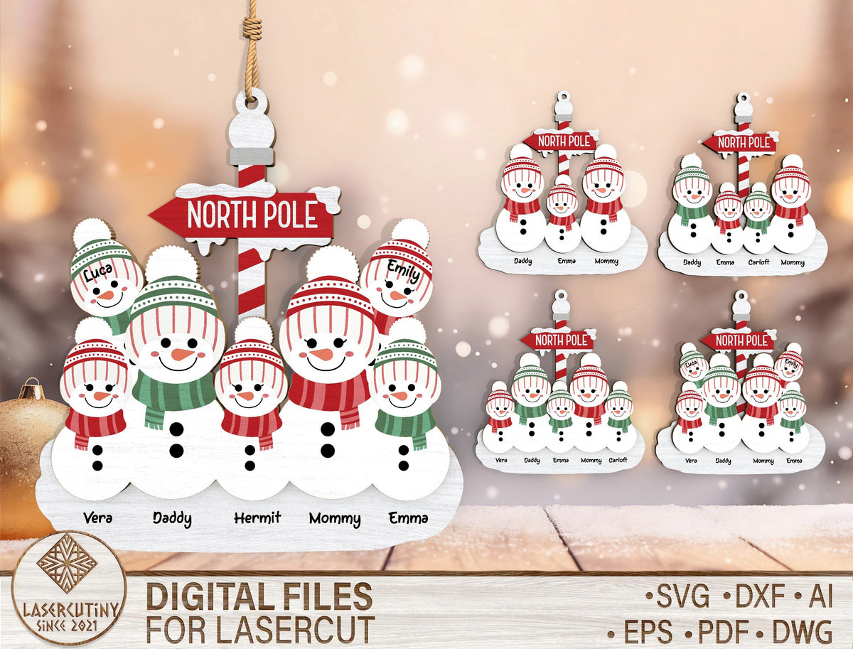 Personalized Family Snowman North Pole Ornament SVG 1