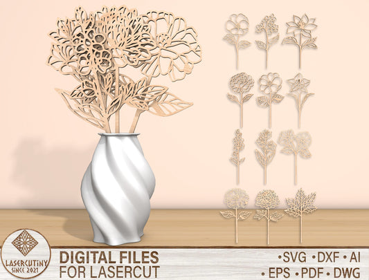 Mother’s Day Birth Flower Laser Cut File Bundle | Mom Floral Decor | Layered Wooden Flowers | Glowforge, xTool, LightBurn, etc.