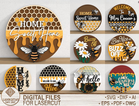 Bee Honeycomb Door Sign SVG Bundle Laser Cut File for Glowforge and xTool