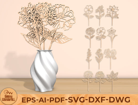 Mother’s Day Birth Flower Laser Cut File Bundle | Mom Floral Decor | Layered Wooden Flowers | Glowforge, xTool, LightBurn, etc.