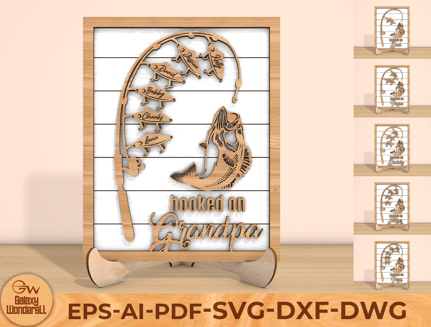 Hooked on Grandpa Fishing Laser Cut File | Personalized Fish Name Sign | Rustic Wooden Decor | Glowforge, xTool, LightBurn, etc.