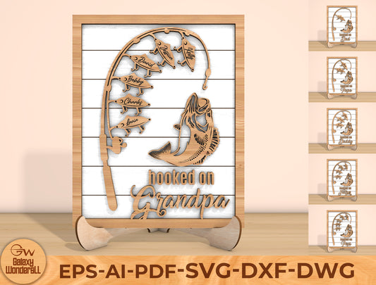 Hooked on Grandpa Fishing Laser Cut File | Personalized Fish Name Sign | Rustic Wooden Decor | Glowforge, xTool, LightBurn, etc.