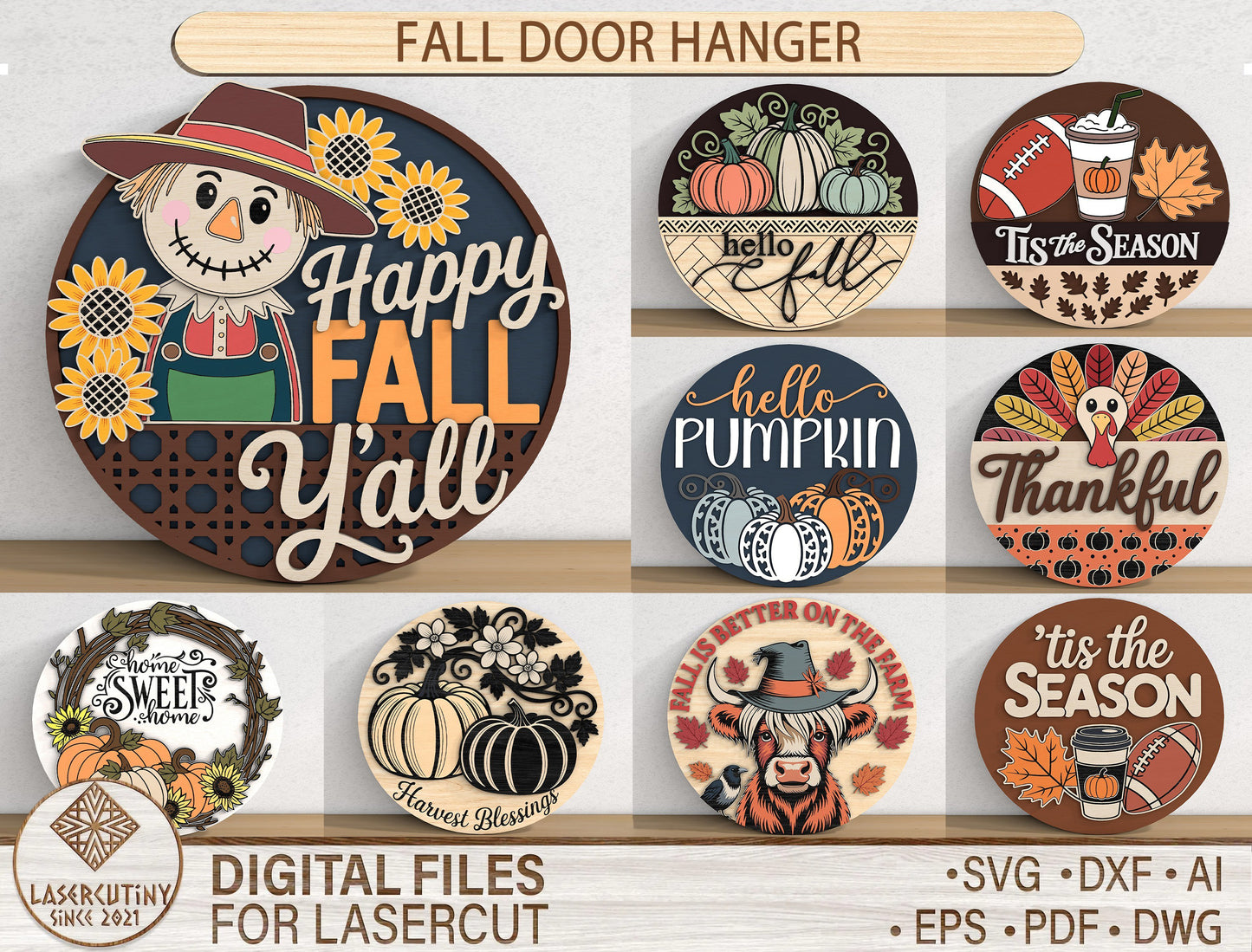 Happy Fall Yall Door Hanger SVG Bundle for Glowforge xTool LightBurn 9 Designs