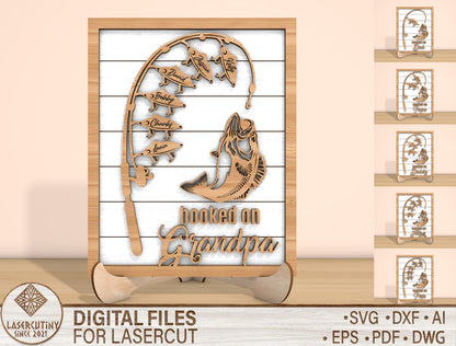 "Hooked on Grandpa" Personalized Fishing Sign SVG for LightBurn and xTool