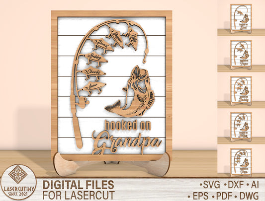 "Hooked on Grandpa" Personalized Fishing Sign SVG for LightBurn and xTool